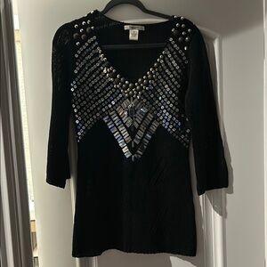Black V-neck Blouse with 3/4 Sleeves and Sequin Embellishments
